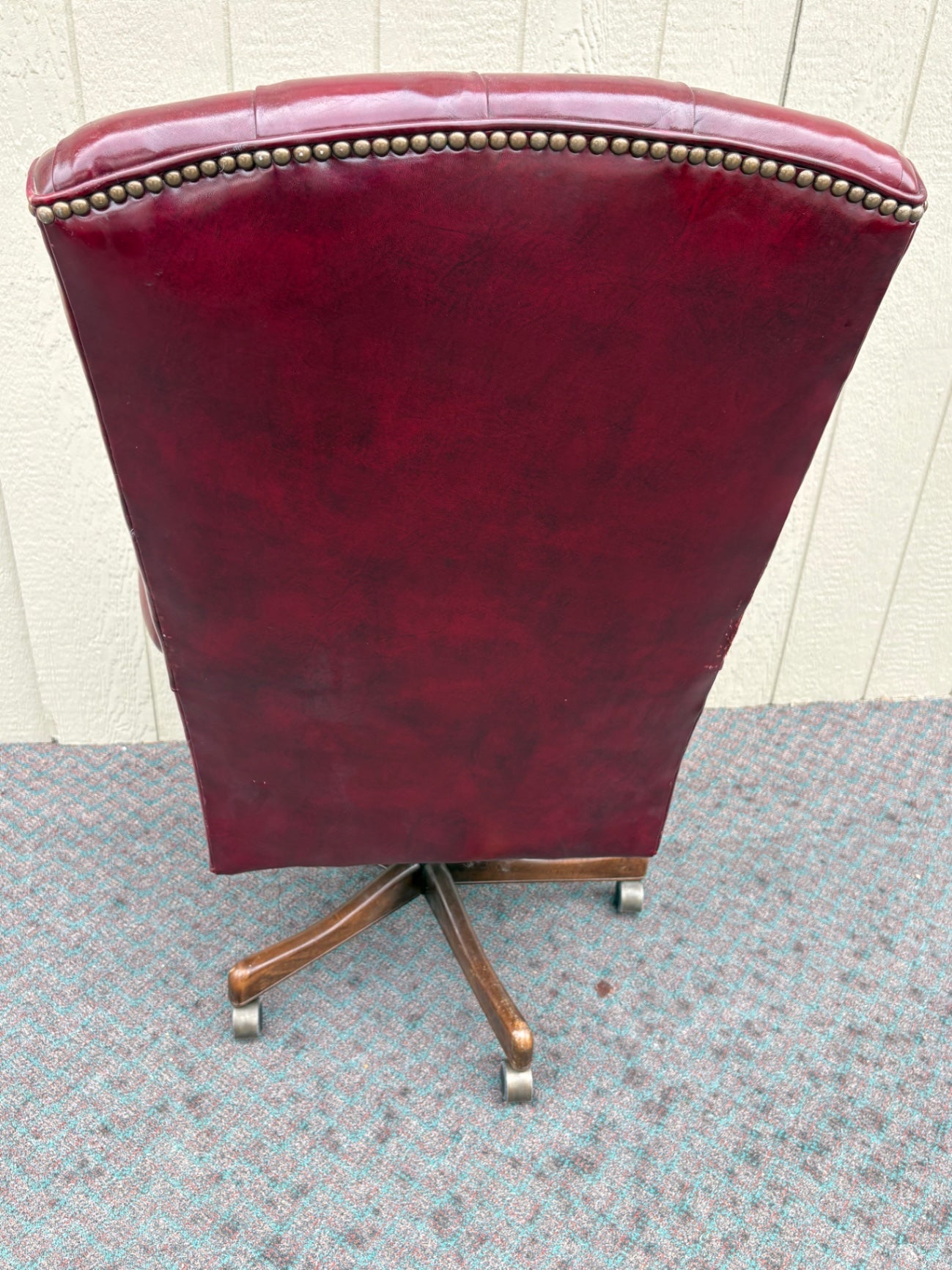 67868  Vintage Burgundy Leather Tufted Swivel Office Chair with Nailhead Trim