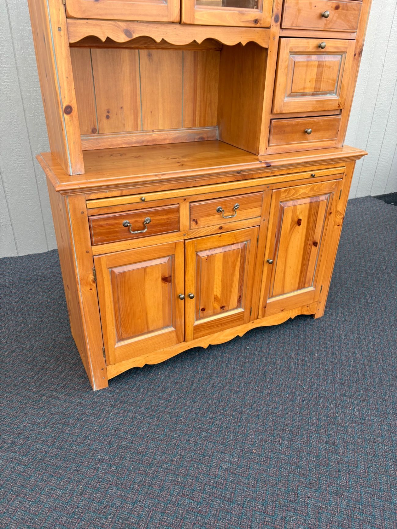 67501  Vintage Pine Two-Piece Cupboard Cabinet with Glass Doors