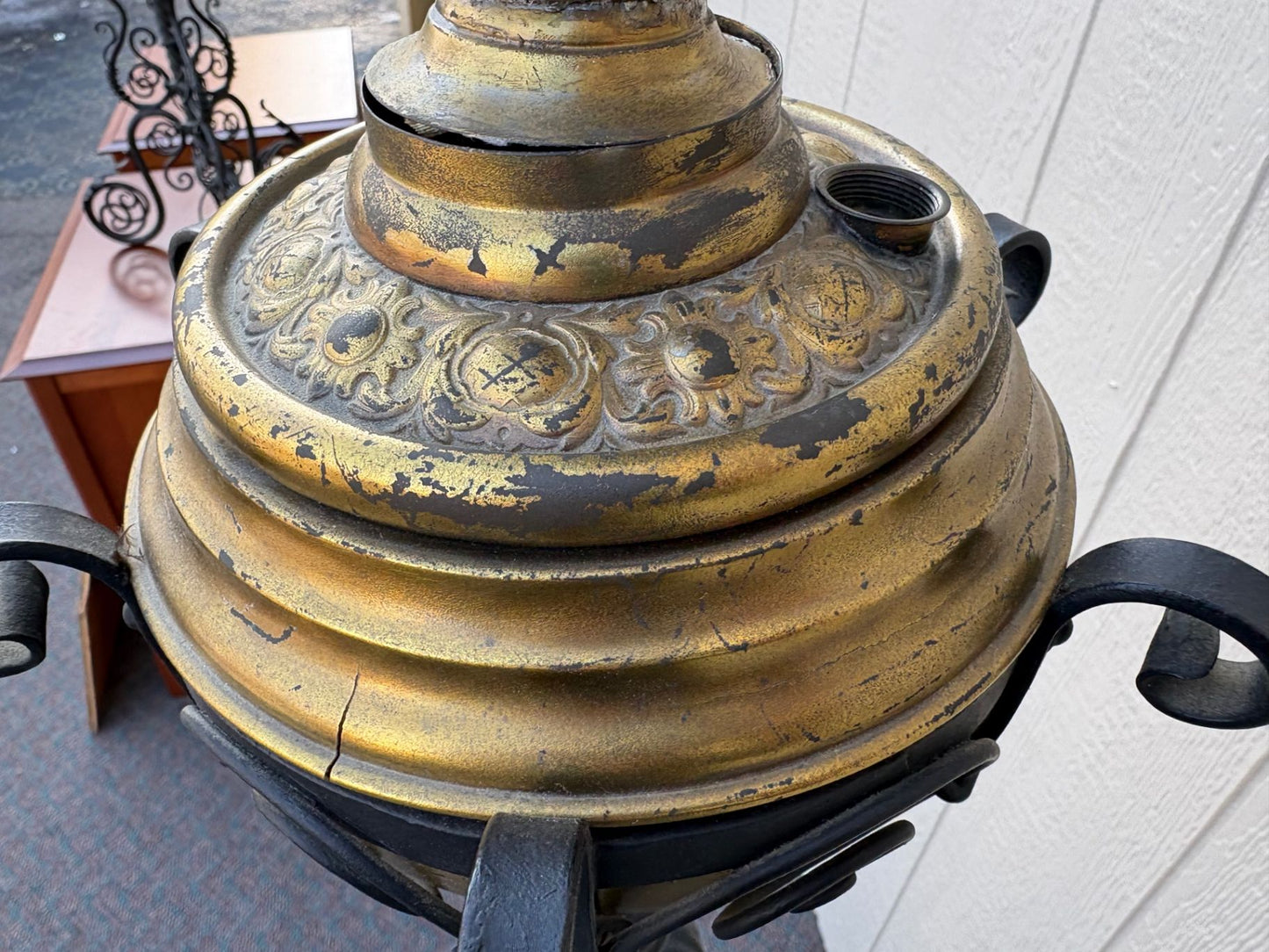 67400  Antique Victorian Wrought Iron Floor Lamp with Brass Font