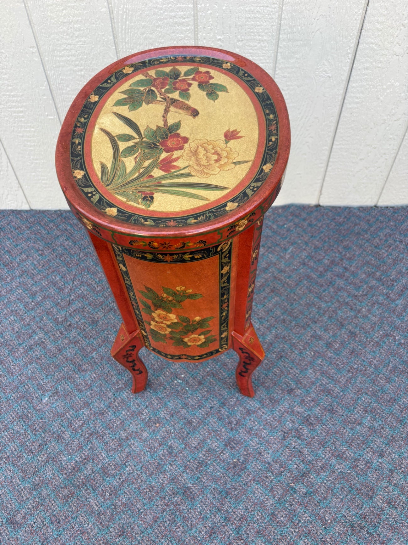 67855  Hand-Painted Oval Accent Table with Floral and Bird Motif