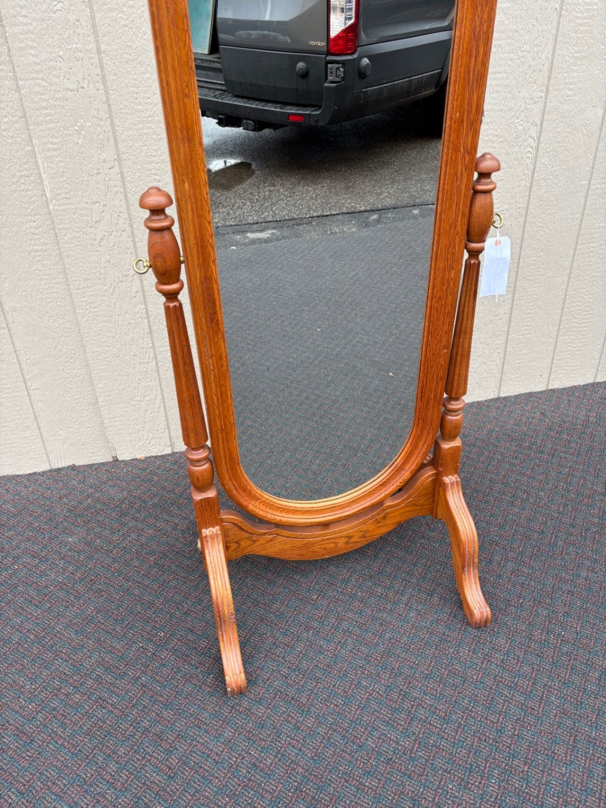 66934  Elegant Oak Cheval Mirror with Turned Supports and Oval Glass