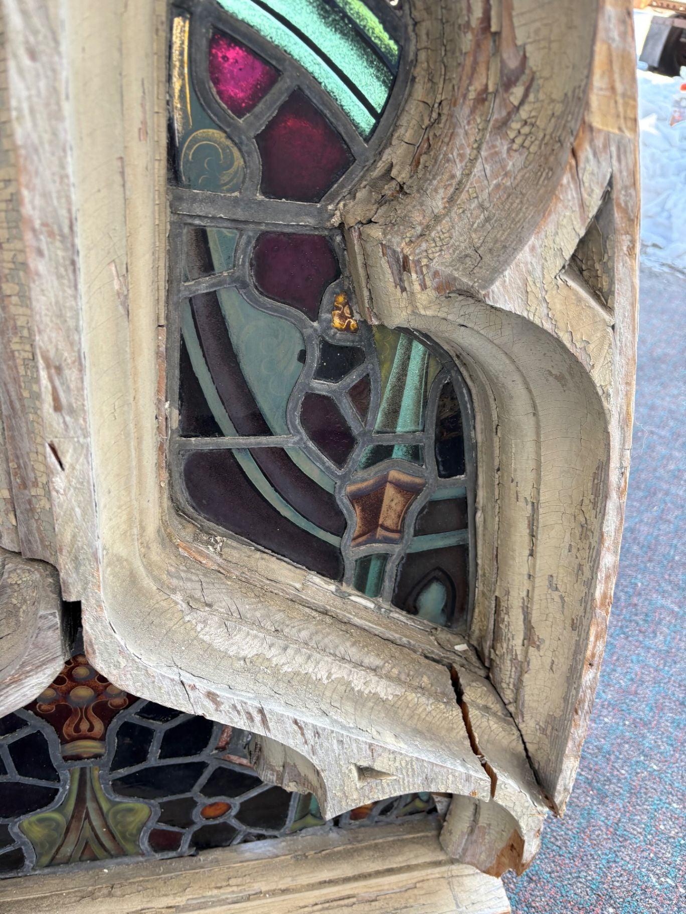 67488 Gothic Arched Stained Glass Window with Wooden Frame