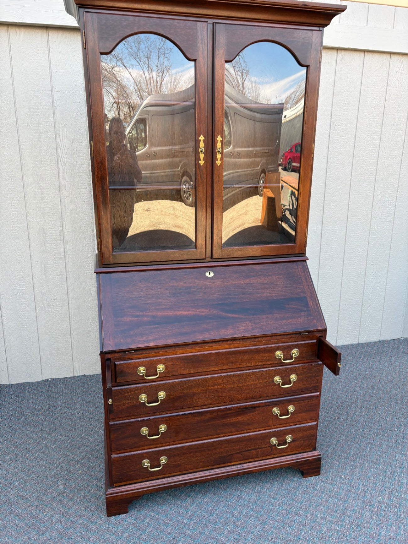 67847 Vintage Mahogany Secretary Desk with Glass Front Bookcase