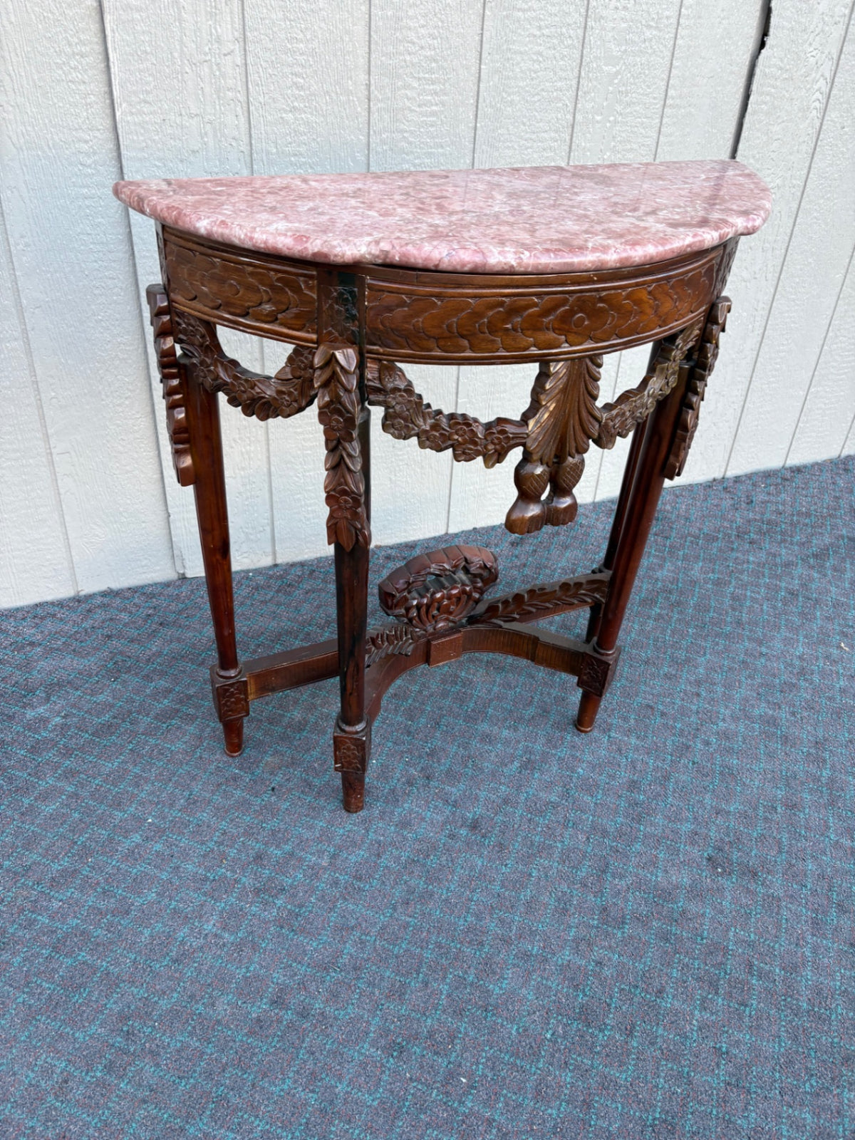 68237  Antique Mahogany Demilune Table with Pink Marble Top