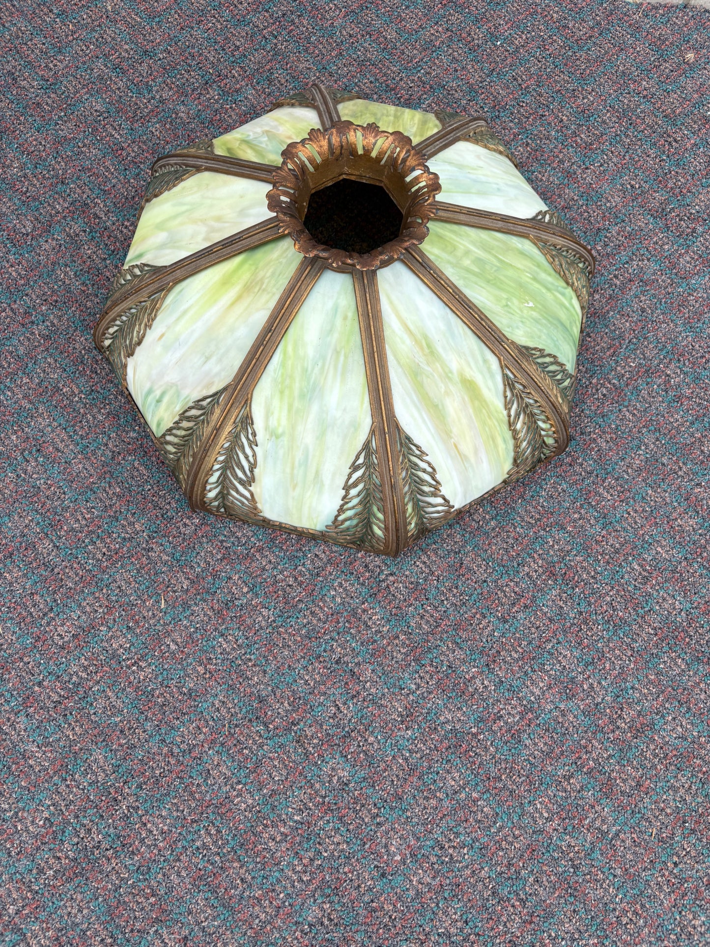 67742 Victorian Slag Glass Lampshade with Ornate Metalwork