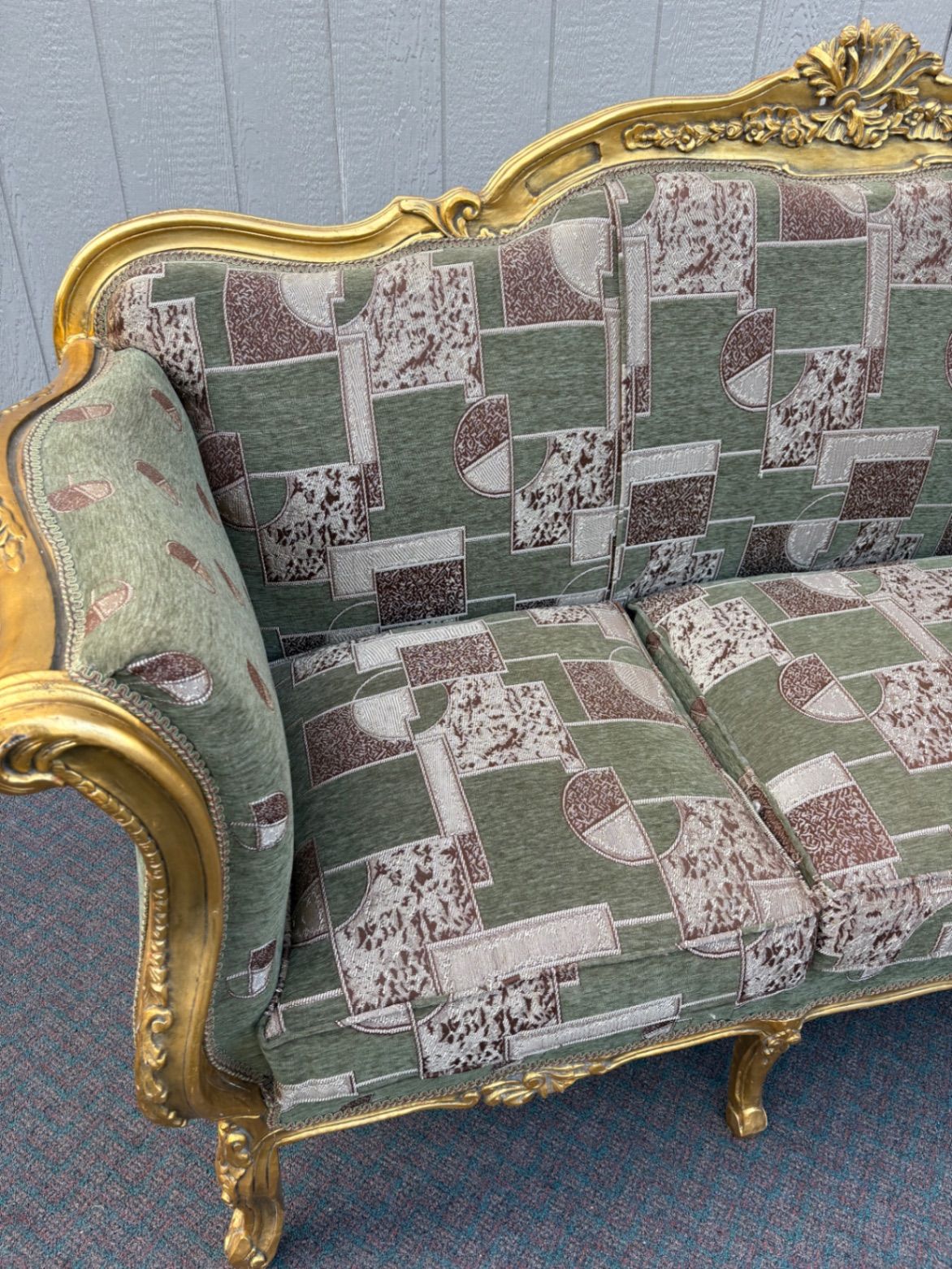 67517 Elegant Vintage French Provincial Gold Gilt Sofa with Tapestry Upholstery