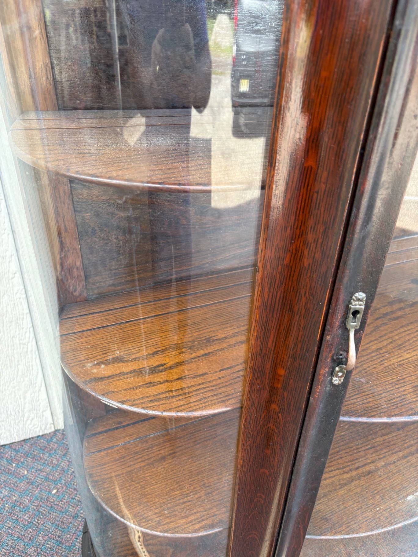 66903 Antique Leaded Glass Oak Bow Front China Cabinet