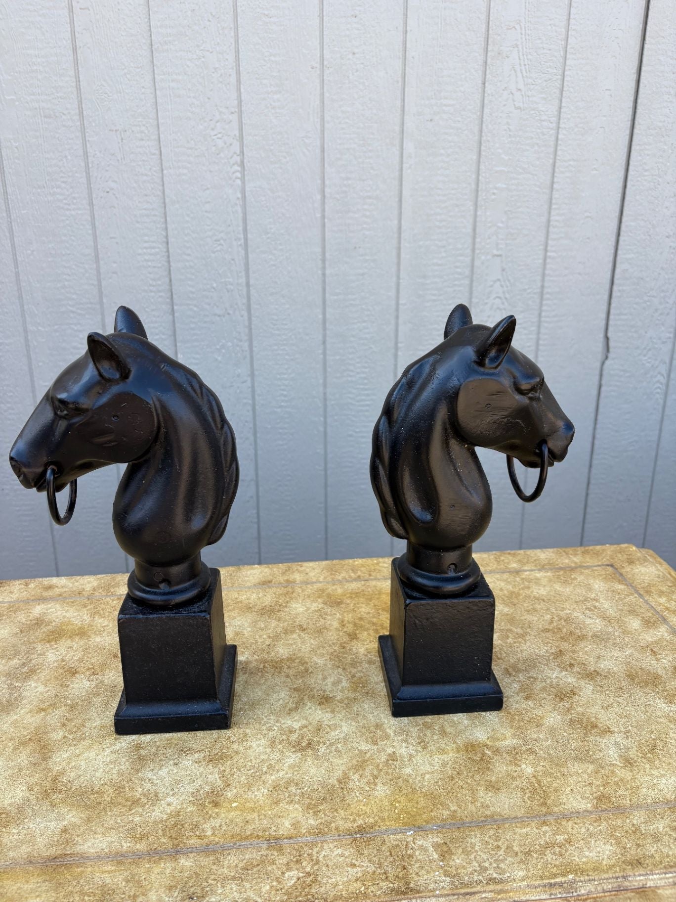 67592 Pair of Vintage Cast Iron Horse Head Sculptures with Rings