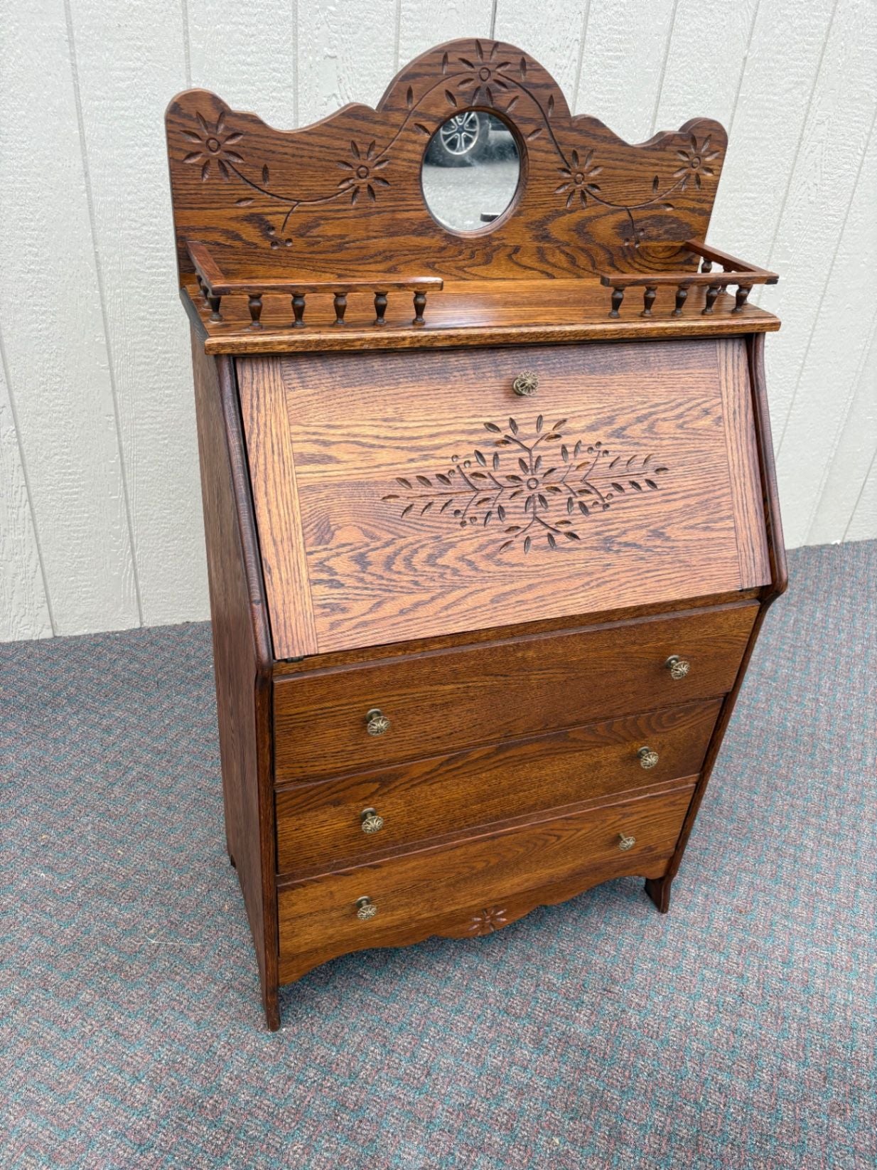 67561 Antique Oak Slant Front Desk with Mirror and Carved Details