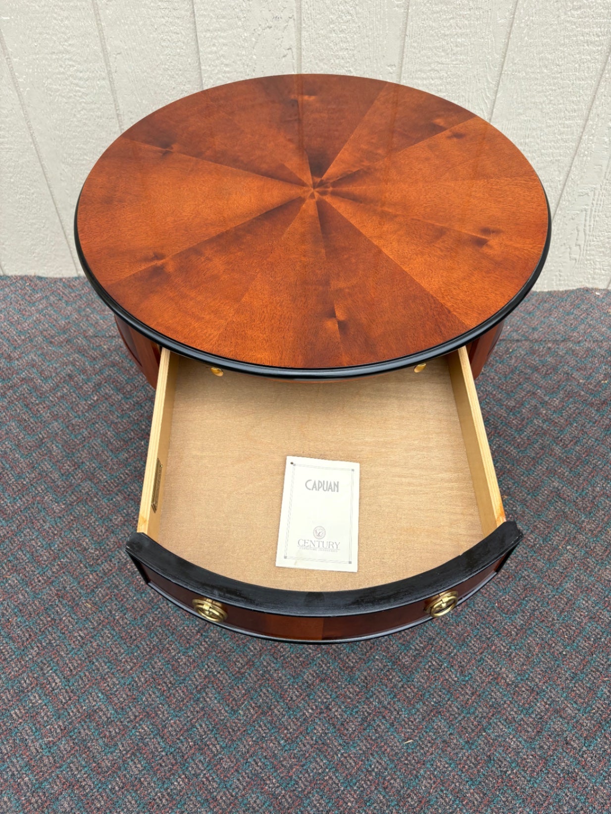 67823 Elegant Century Round Side Table with Cherry Veneer and Brass Accents