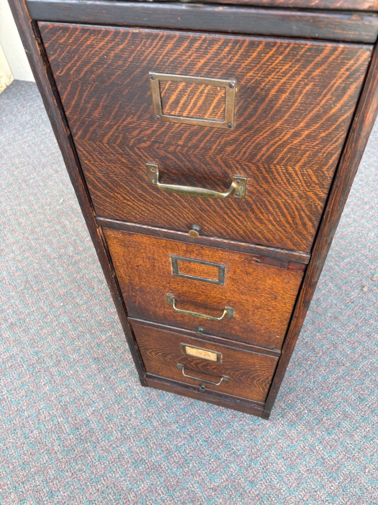 67307 Antique Oak File Cabinet with Four Drawers and Brass Hardware