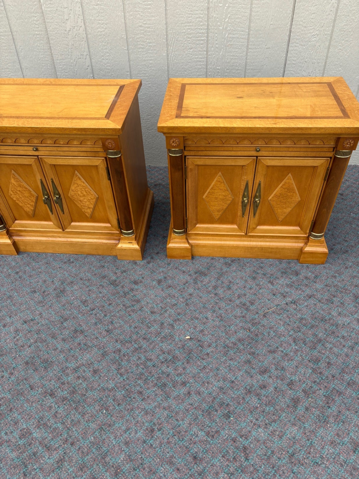 67972 Pair of Ethan Allen Neoclassical Nightstands in Honey Oak Finish