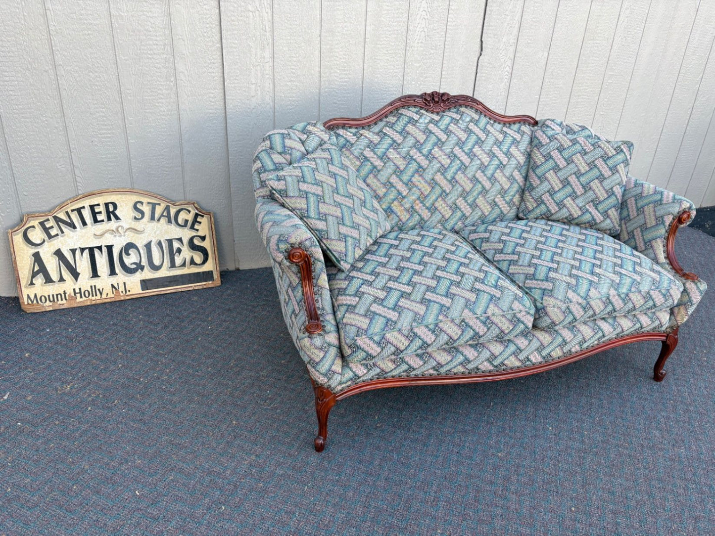 67630 Vintage French Provincial Loveseat with Carved Wood Frame