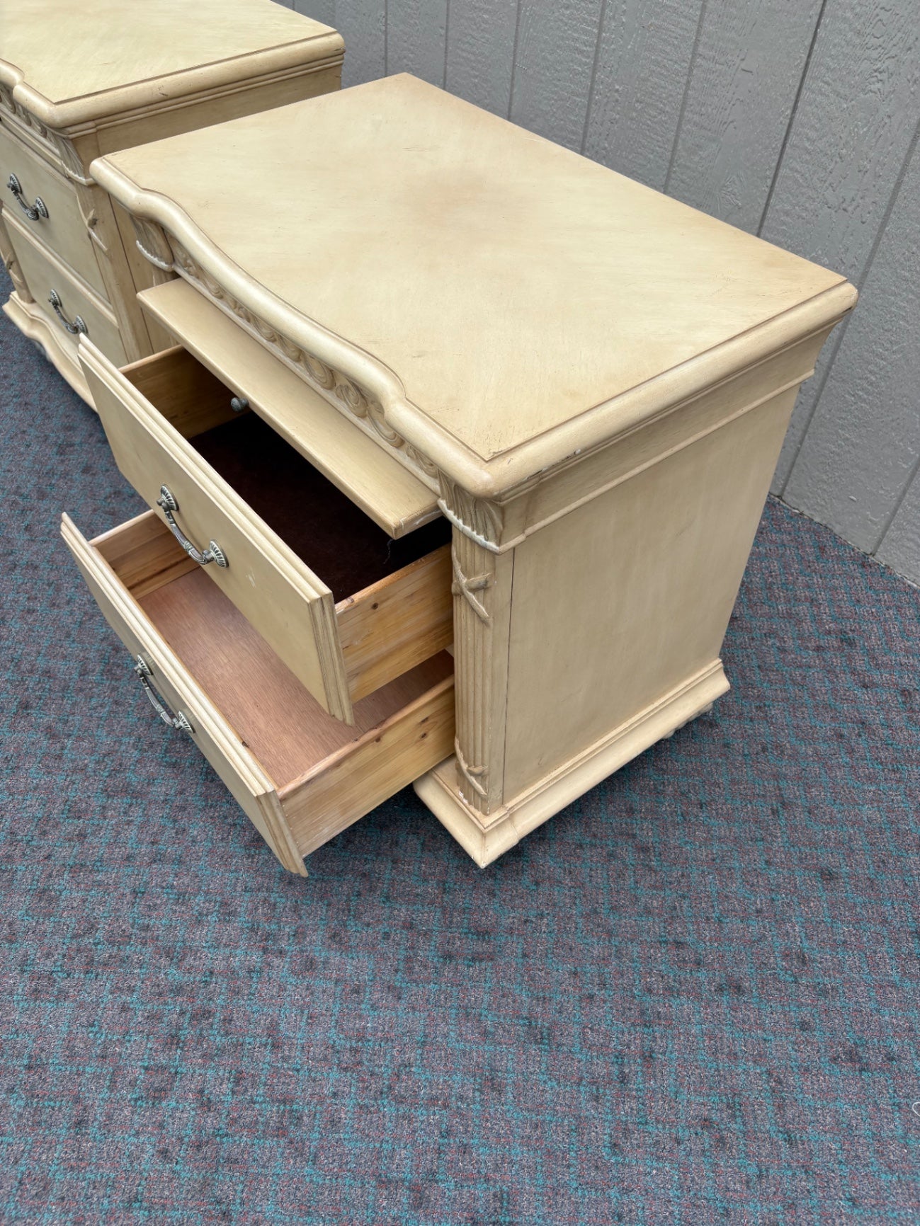 67958 Pair of Vintage Carved Nightstands with Two Drawers in Cream Finish