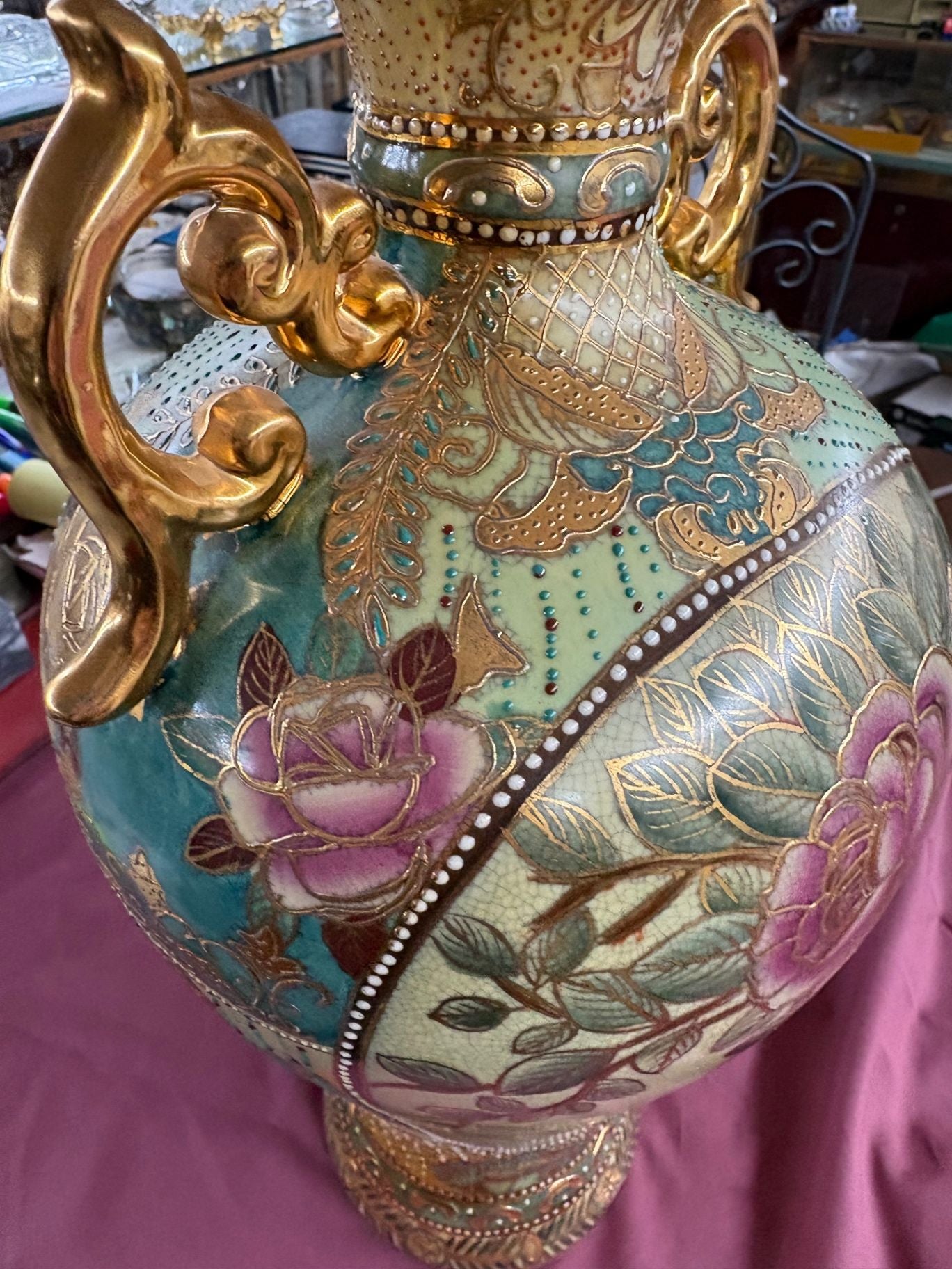 88000 Gilded Porcelain Floral Satsuma Style Vase with Handles