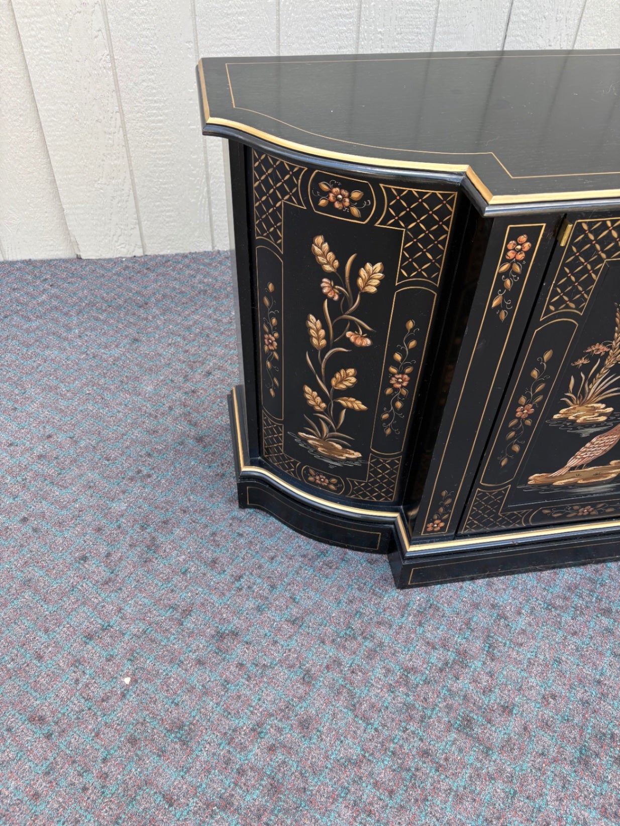 68118 Black Lacquer Asian-Inspired Cabinet with Floral and Bird Motifs
