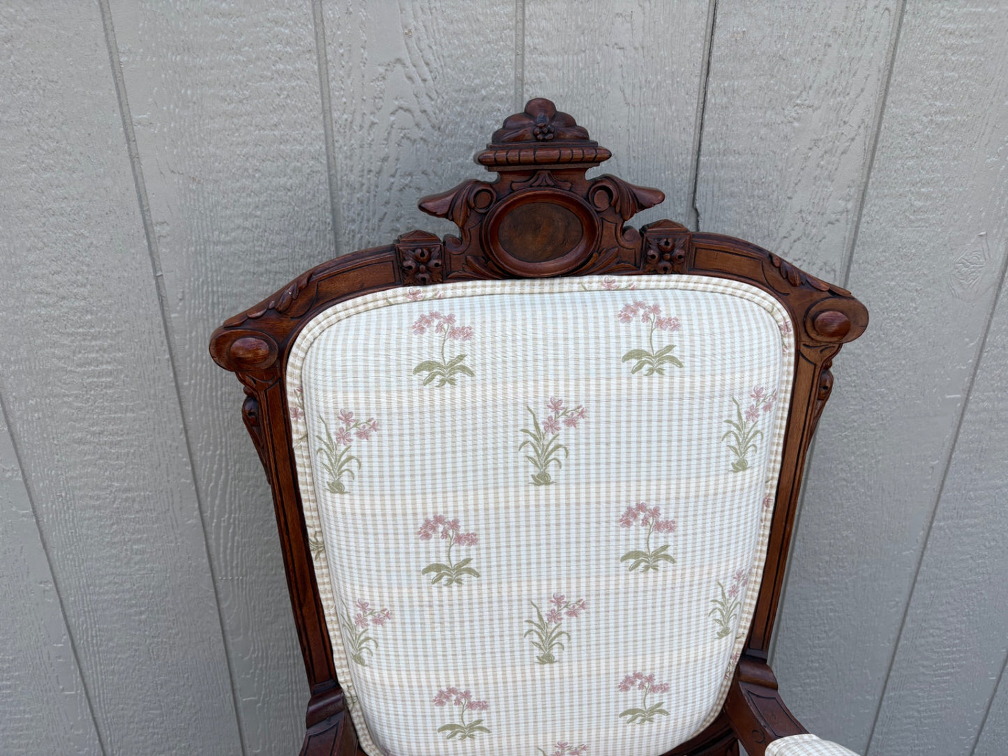 67903 Victorian Armchair with Carved Wood and Floral Upholstery