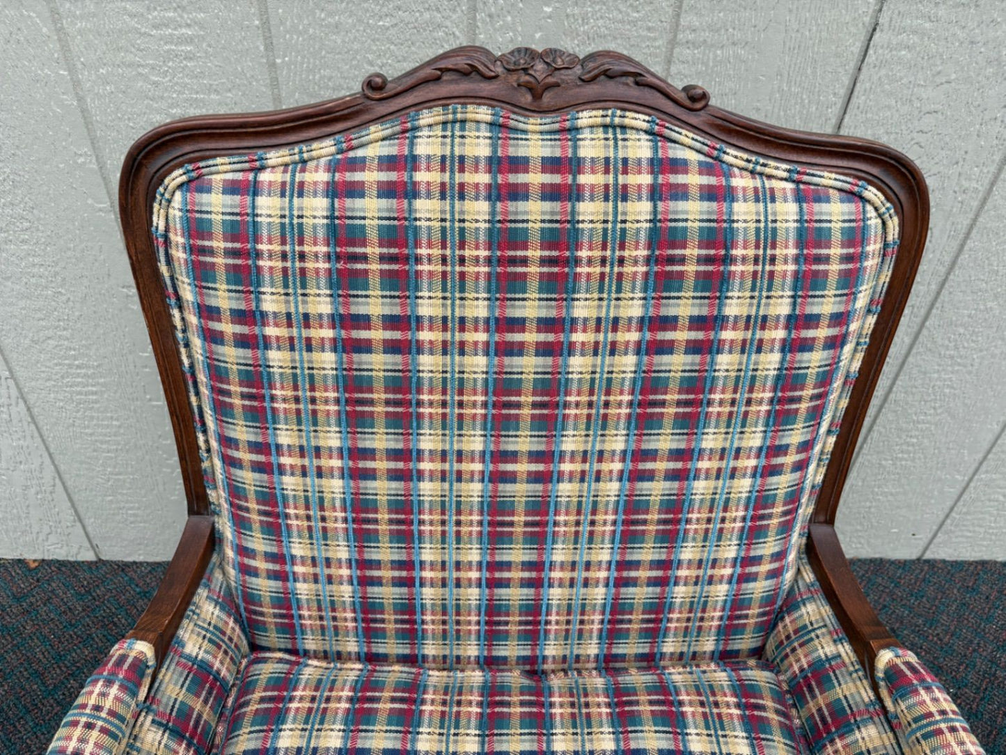 67548  Ethan Allen Louis XV Style Armchair with Plaid Upholstery
