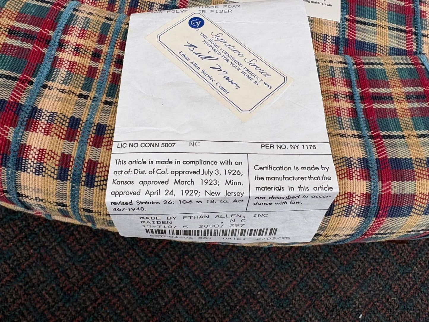 67548  Ethan Allen Louis XV Style Armchair with Plaid Upholstery