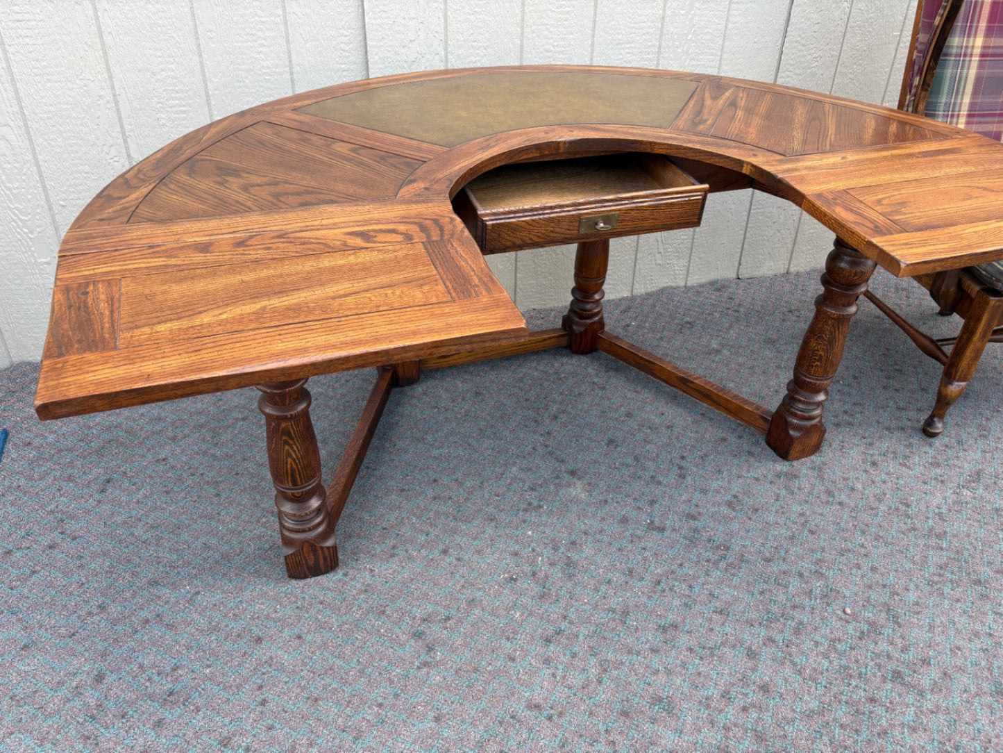 67998 Vintage Oak Kidney Desk with Plaid Upholstered Chair Set