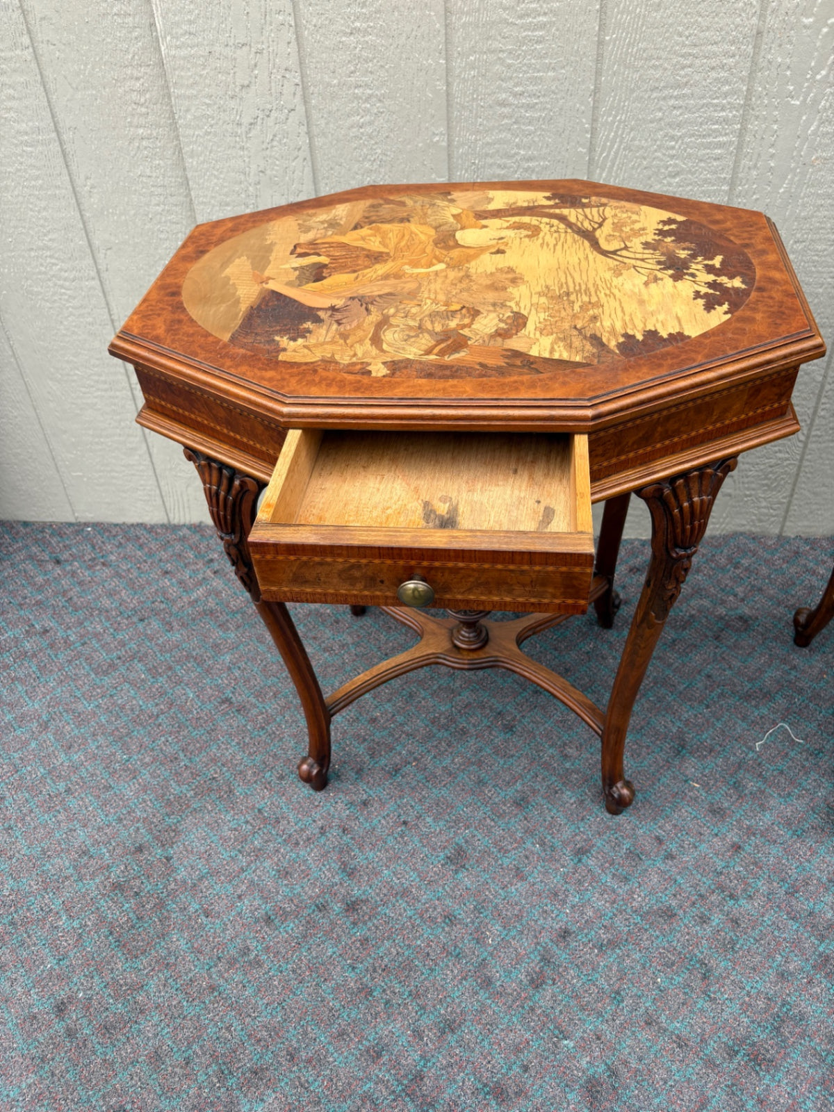 68062 Pair of Inlaid Octagonal Side Tables with Marquetry Scenes