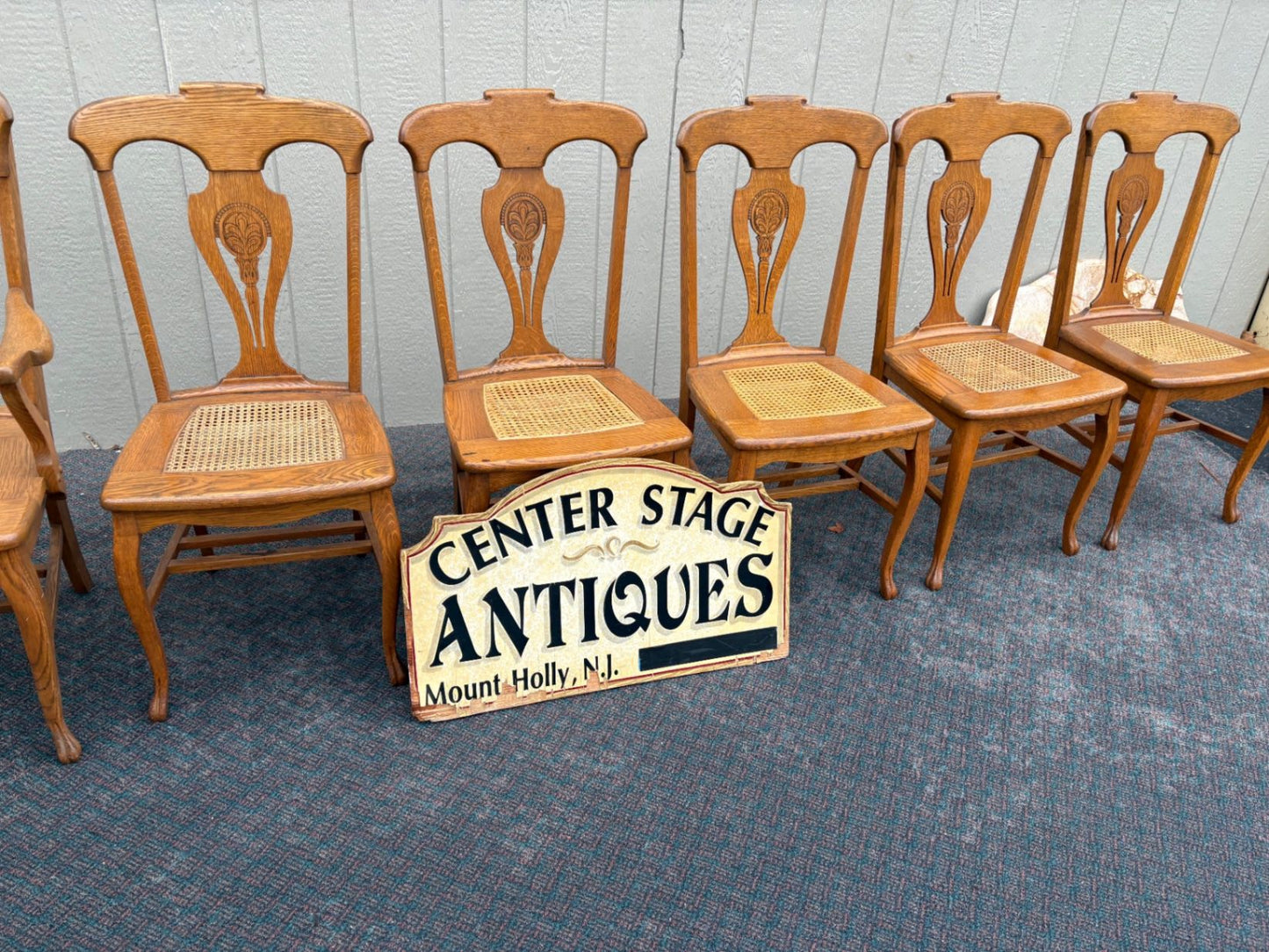 67360 Set of 6 Oak Dining Chairs, Queen Anne Style with Cane Seats
