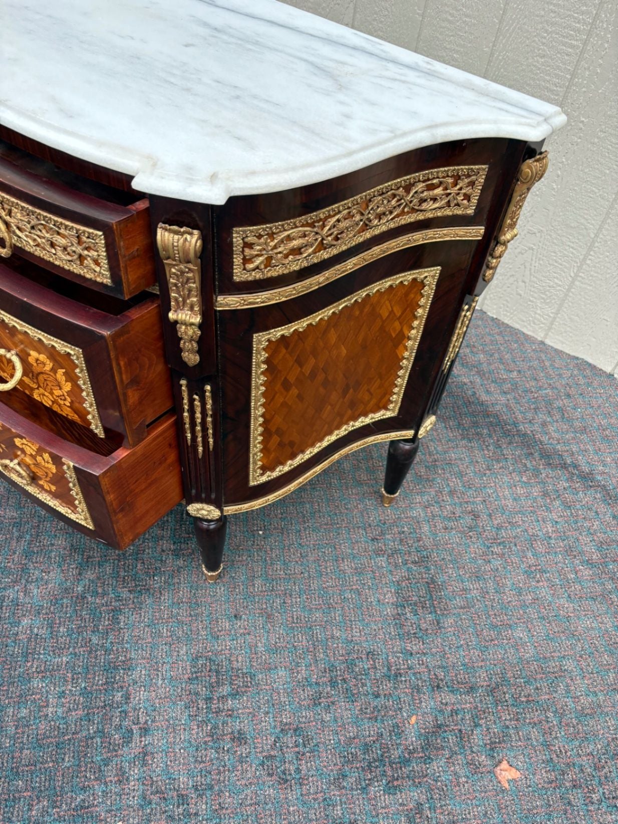 67335 Louis XV Style Marble Top Chest with Intricate Inlay and Gilt Detailing