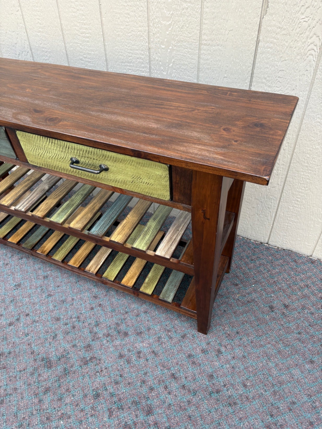 67990 Rustic Wood Console Table with Multi-Color Drawers and Shelves