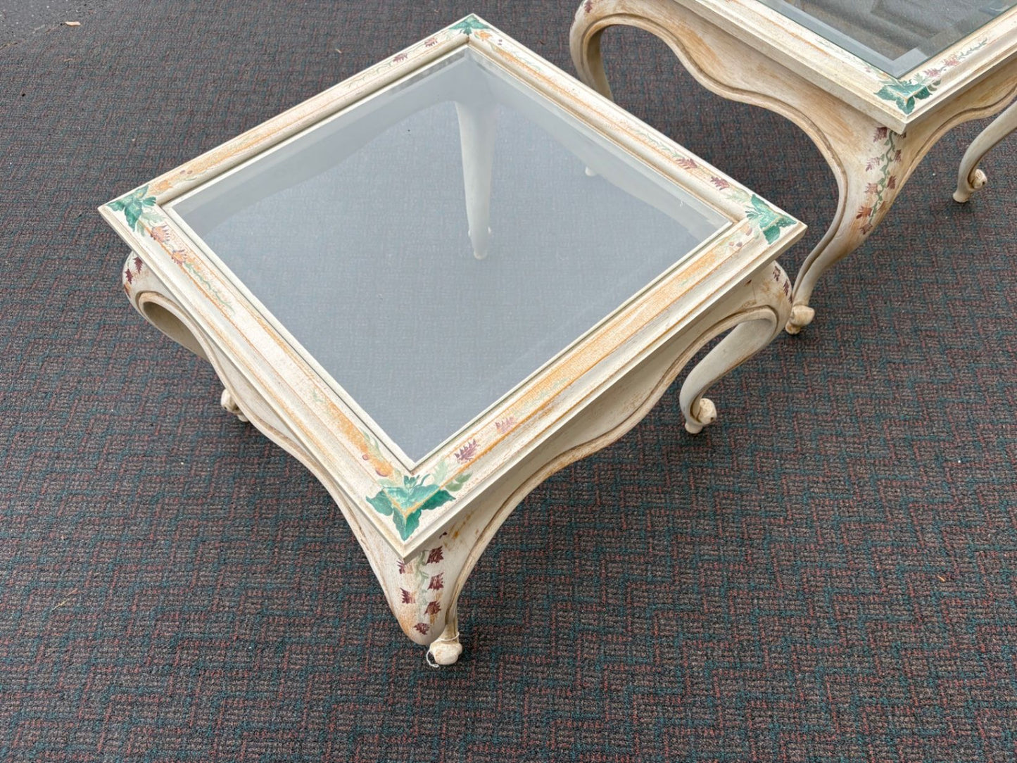 61856 PAIR  of French Provincial ITALIAN Hand Painted Glass Top End Tables