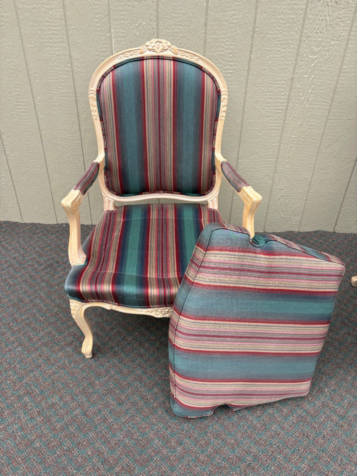 67763 Pair of Lane French Provincial Armchairs with Striped Upholstery