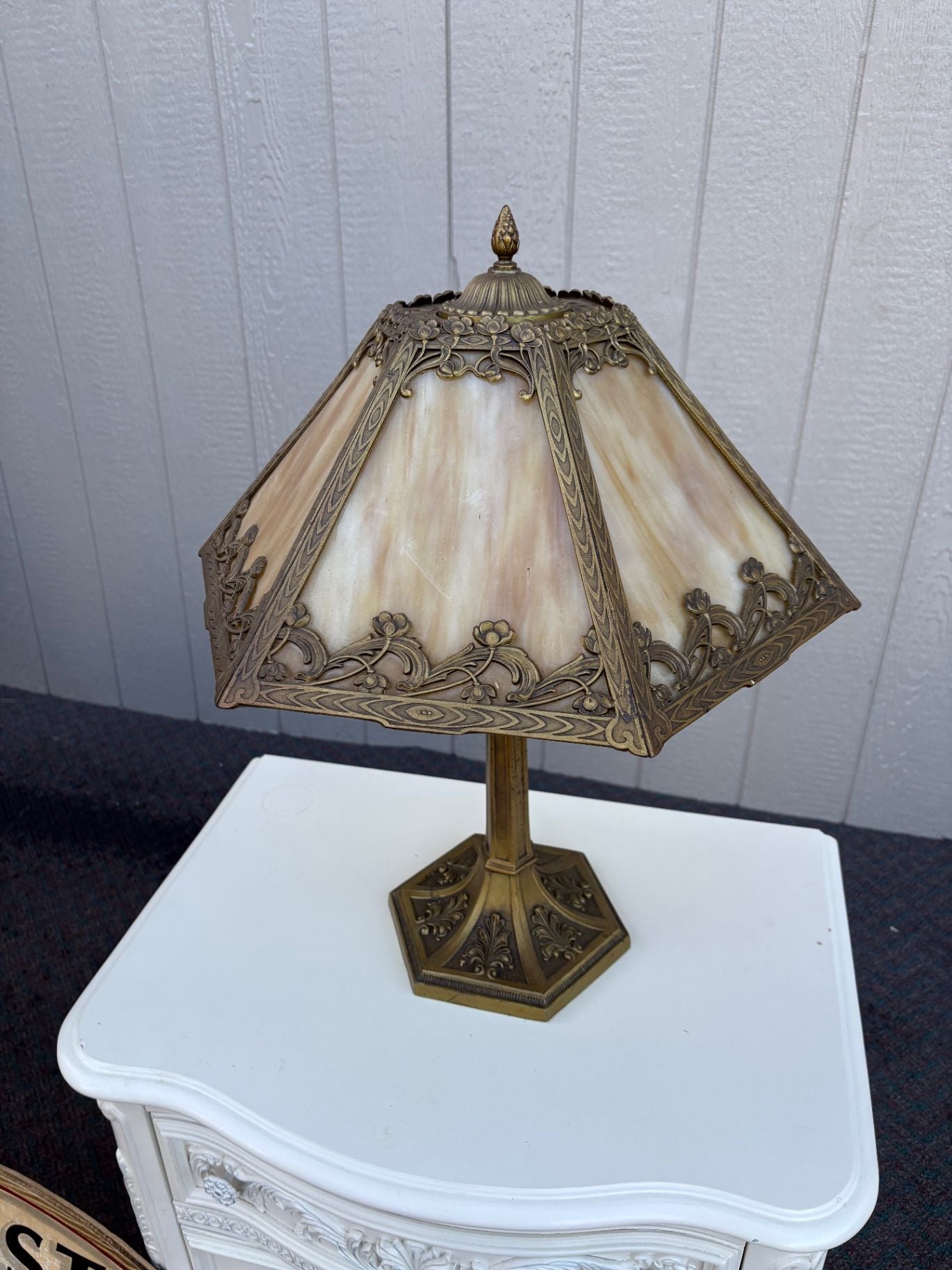 67451  Victorian Slag Glass Table Lamp with Ornate Brass Base