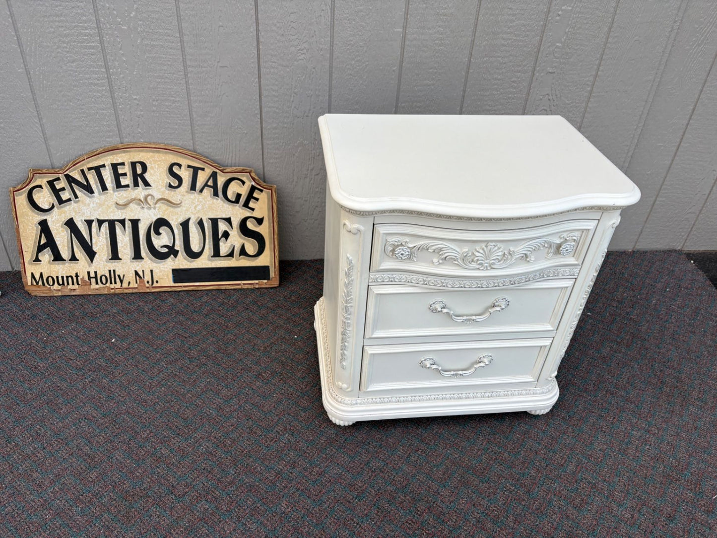 67447 Vintage French Provincial White Nightstand with Ornate Details