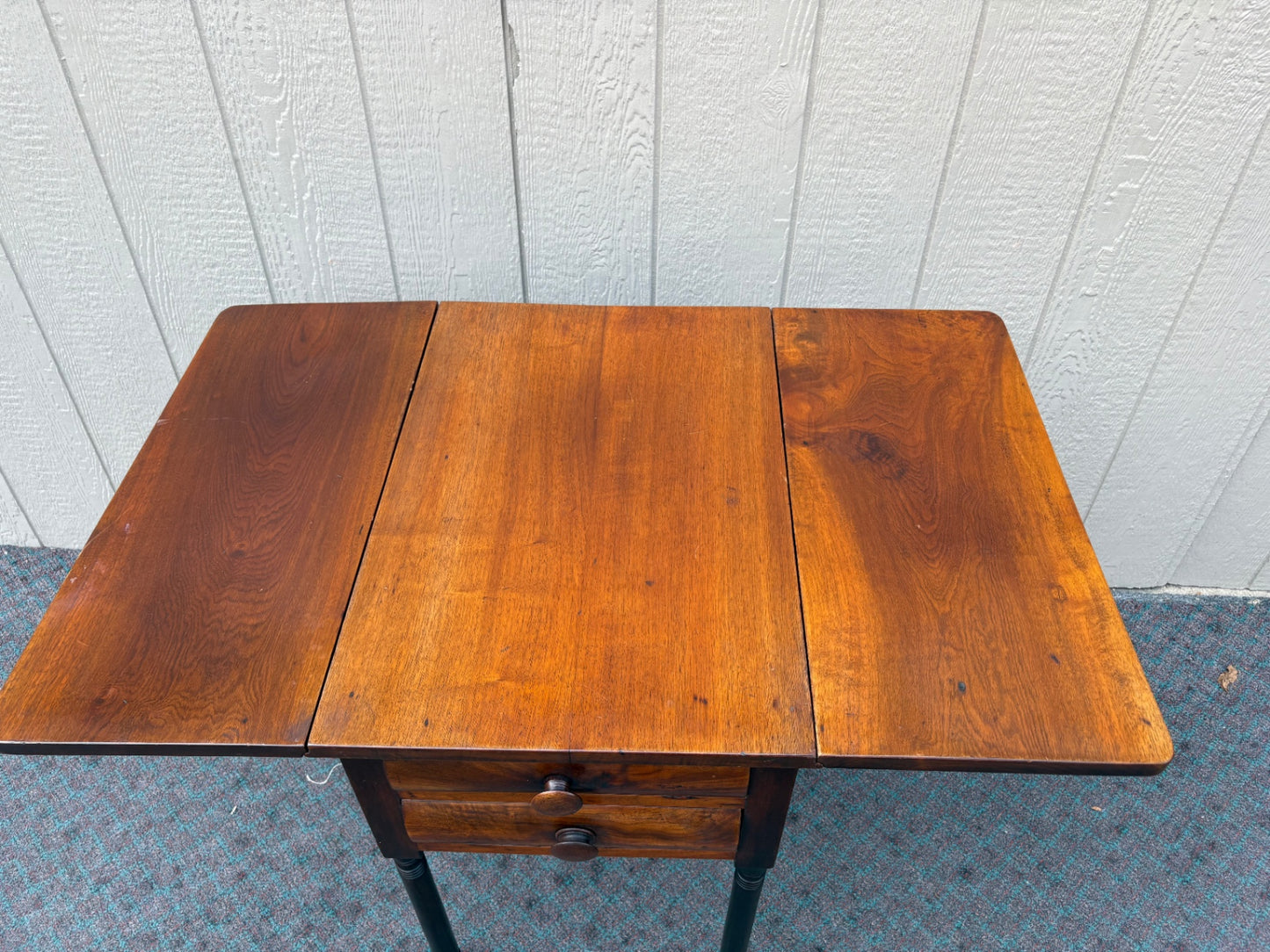 68085  Antique Drop Leaf Side Table with Drawers, Solid Wood