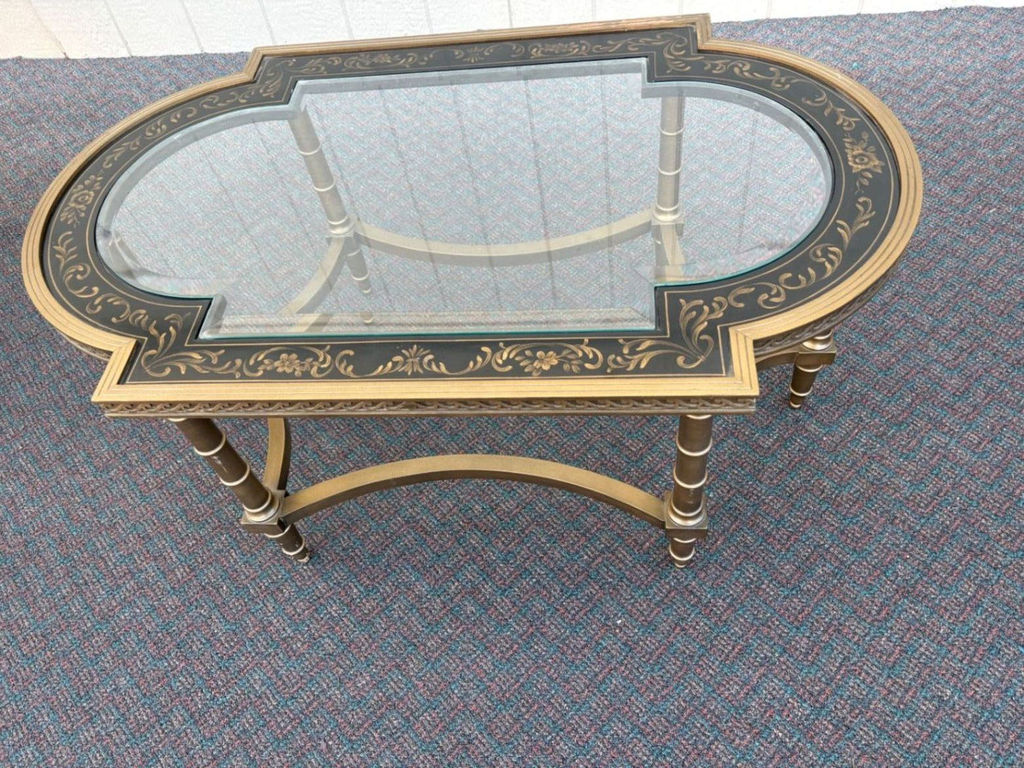 67498  Elegant Vintage Glass Top Coffee Table with Stenciled Design