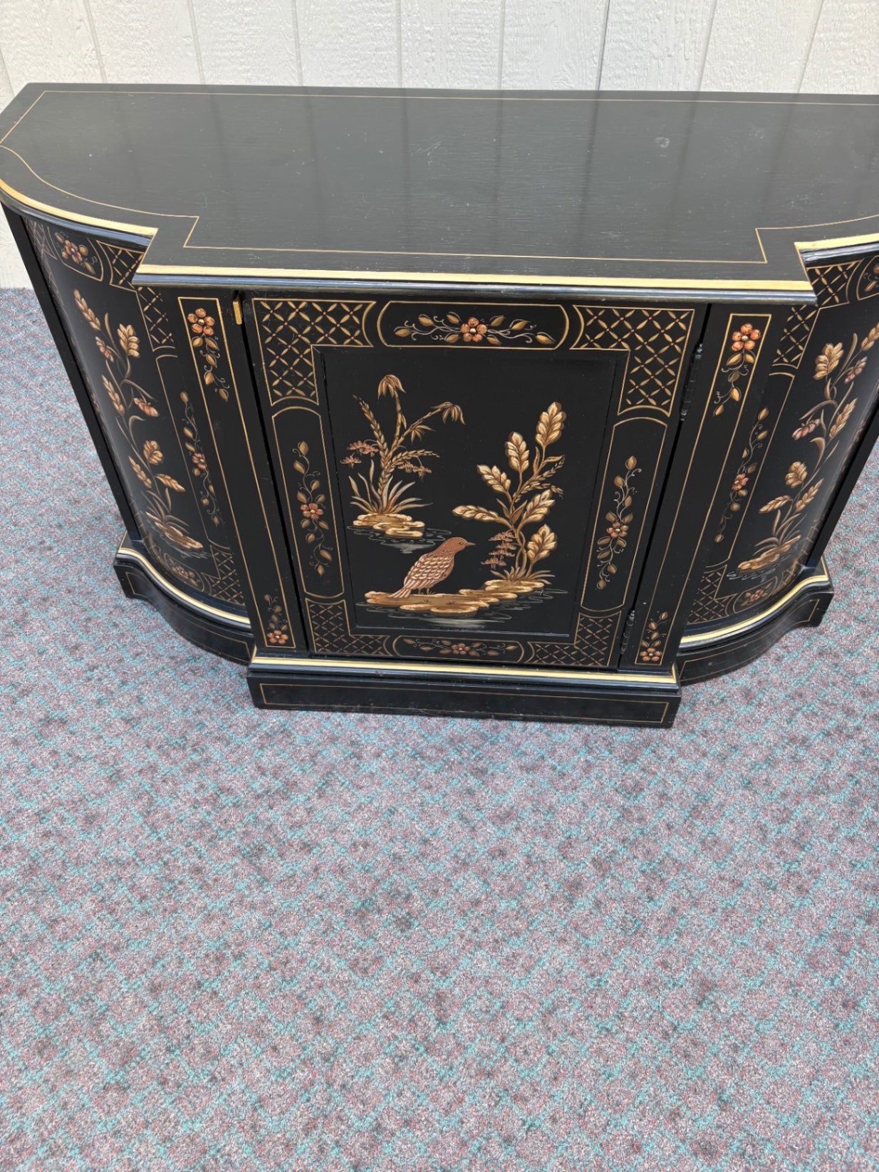 68118 Black Lacquer Asian-Inspired Cabinet with Floral and Bird Motifs