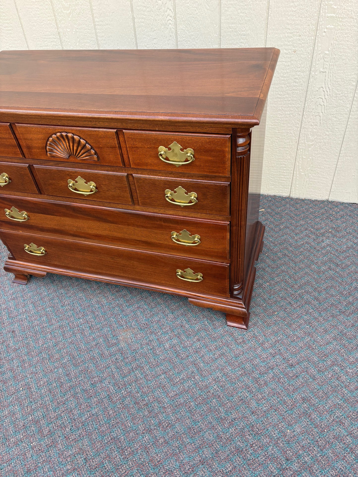 67738 Vintage Mahogany Chest with Brass Hardware and Shell Carving