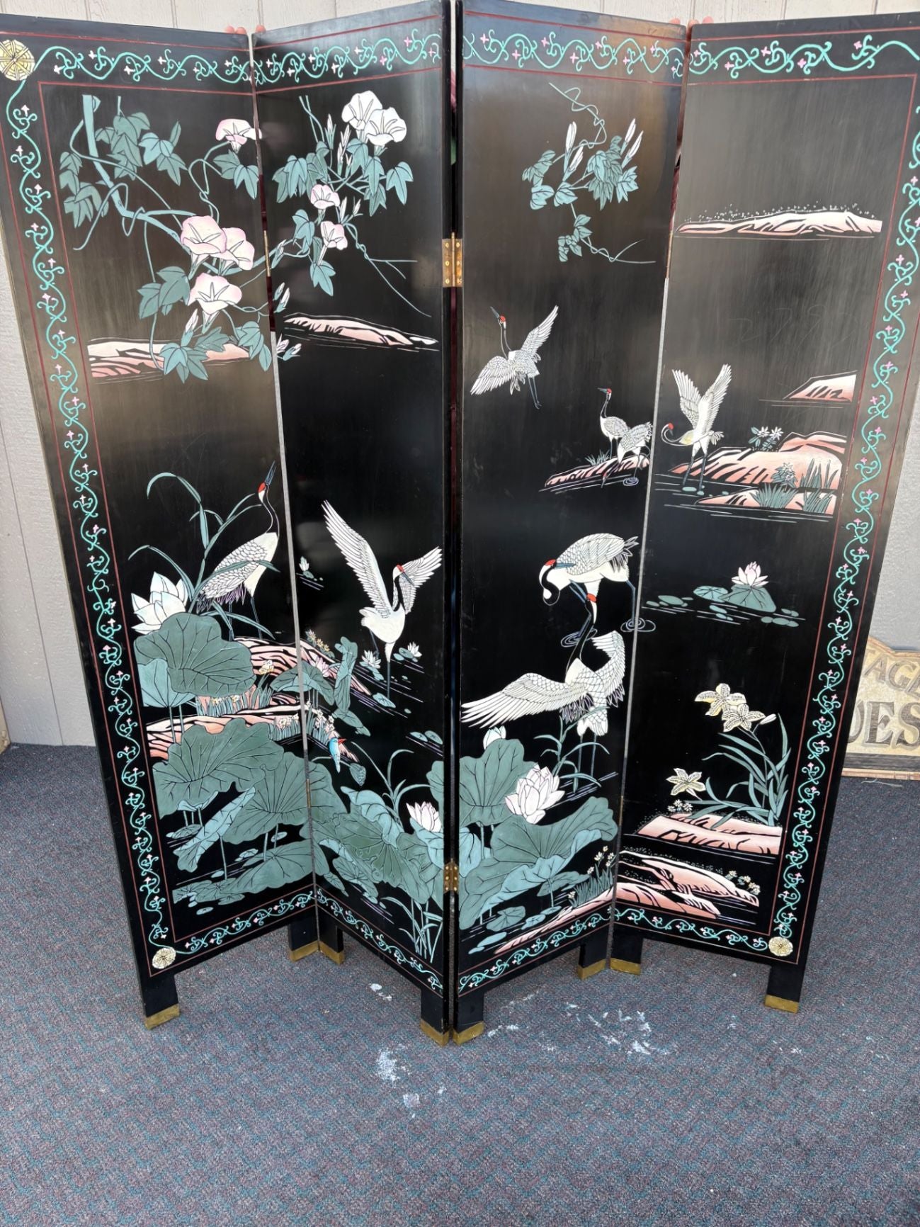 66277  Hand-Painted Oriental Folding Screen with Crane Motif