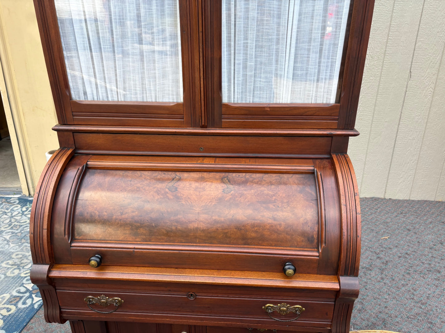67934  Victorian Cylinder Secretary Desk with Display Cabinet