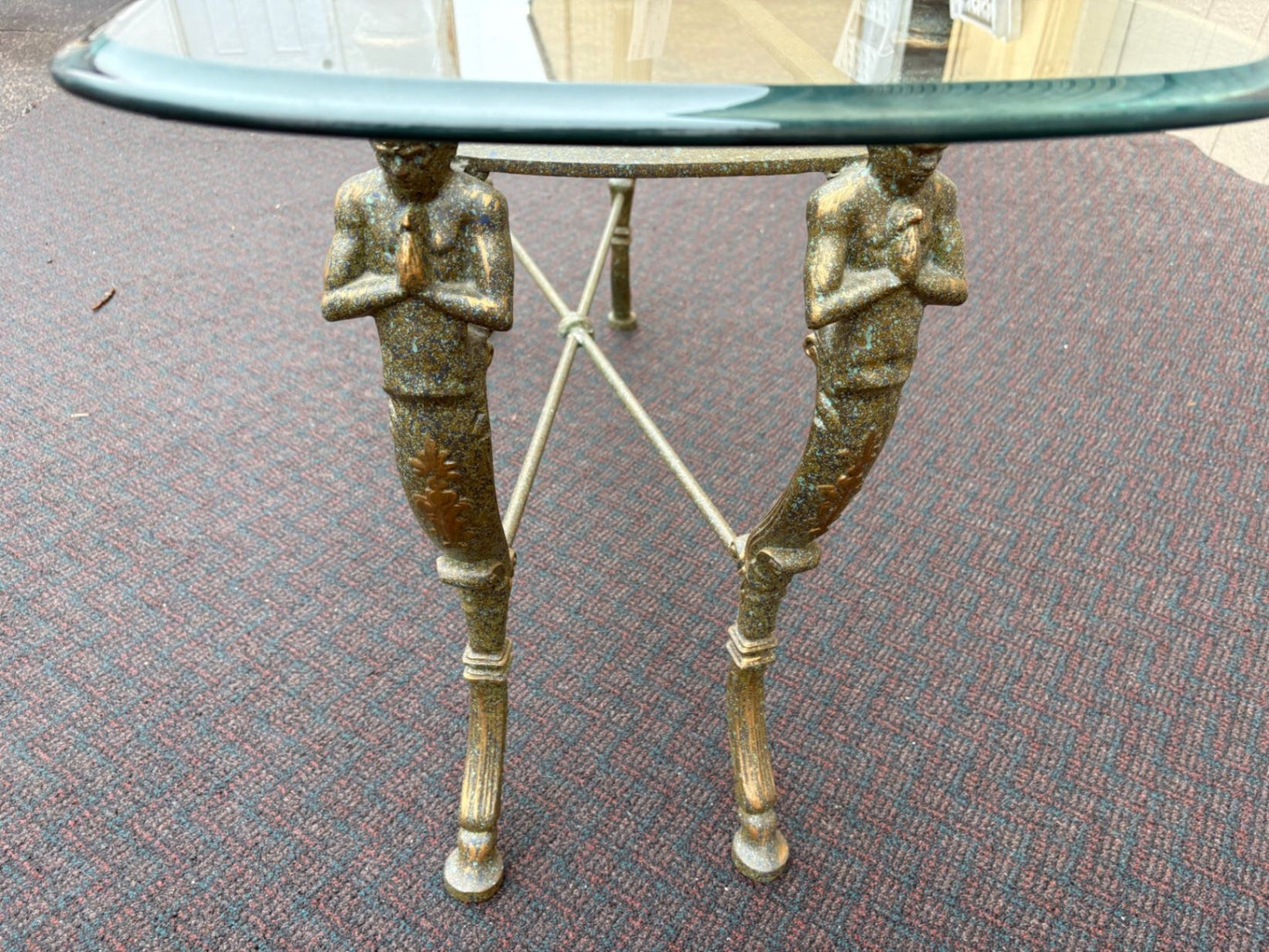 65667 Vintage Glass Top Console Table with Brass Figural Base