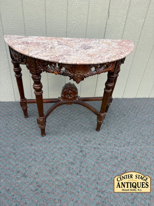 67674 Victorian Marble Top Demilune Console Table with Carved Mahogany