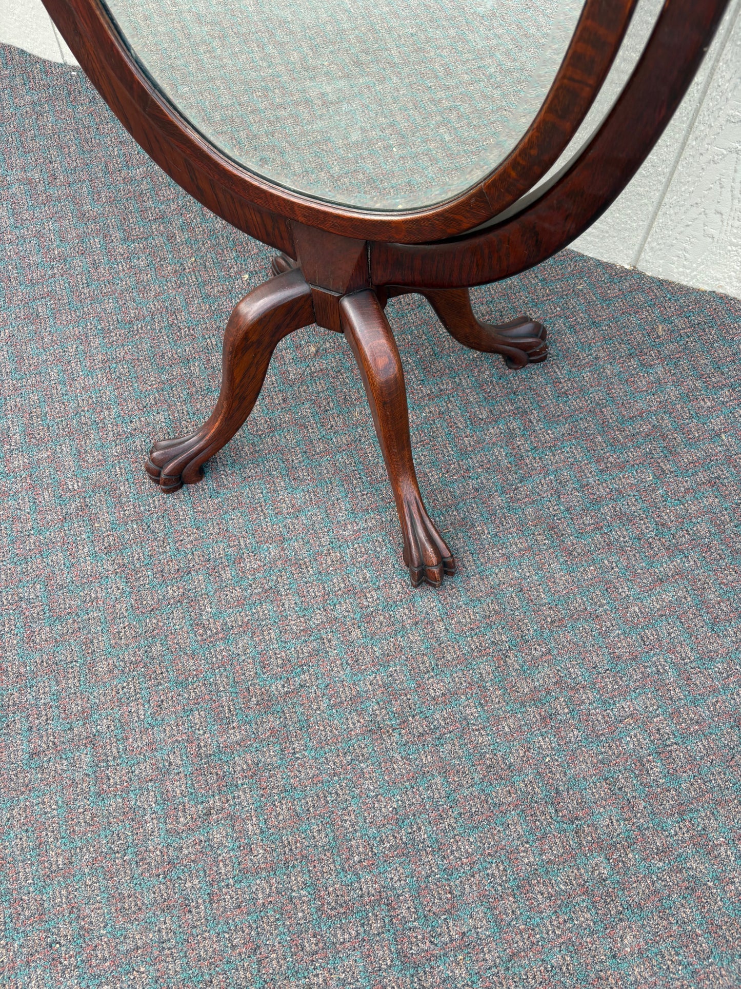 67612 Antique Oak Cheval Mirror with Beveled Glass