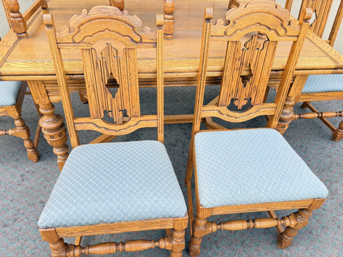Oak Refractory Dining Table with Six Carved Chairs Set