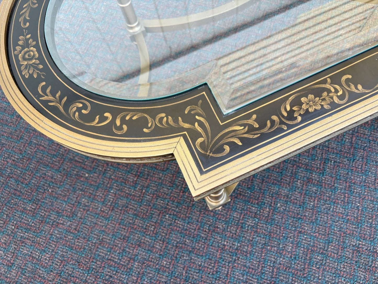 67498  Elegant Vintage Glass Top Coffee Table with Stenciled Design