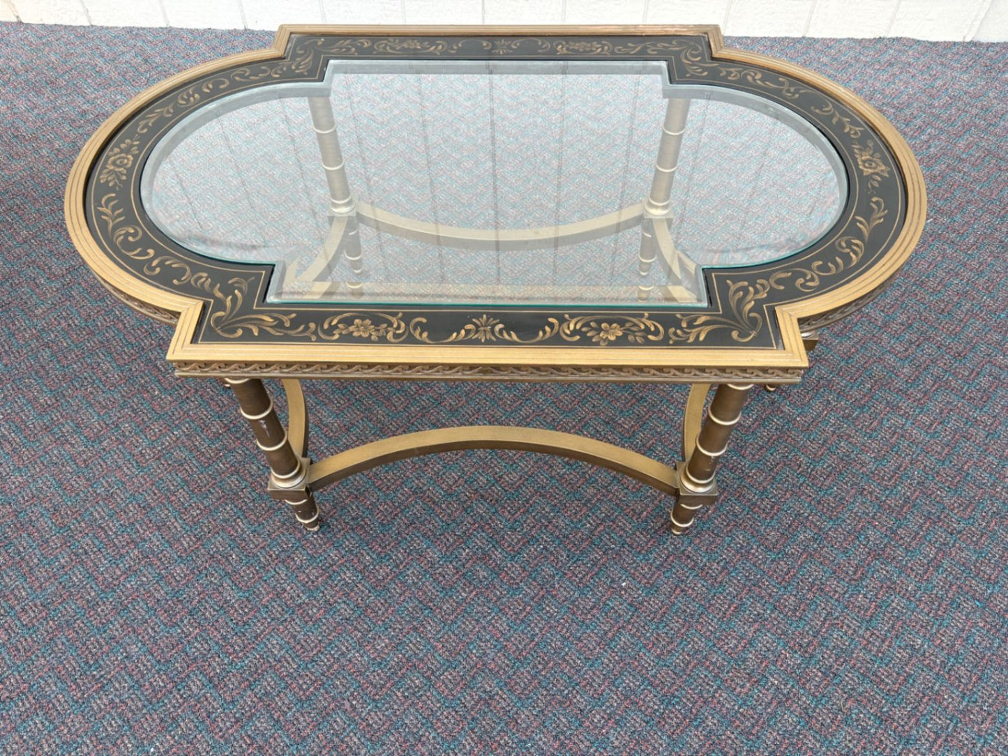 67498  Elegant Vintage Glass Top Coffee Table with Stenciled Design