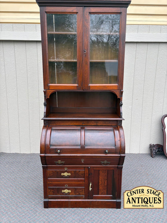 67689  Victorian Cylinder Secretary Desk with Glass Cabinet Top