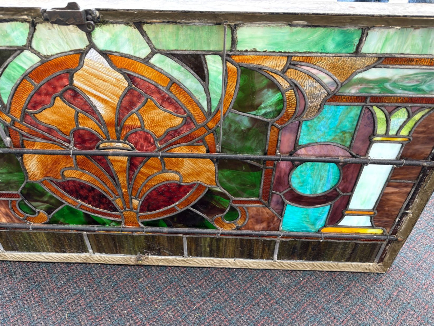 67487 Antique Art Nouveau Stained Glass Window with Floral Motif