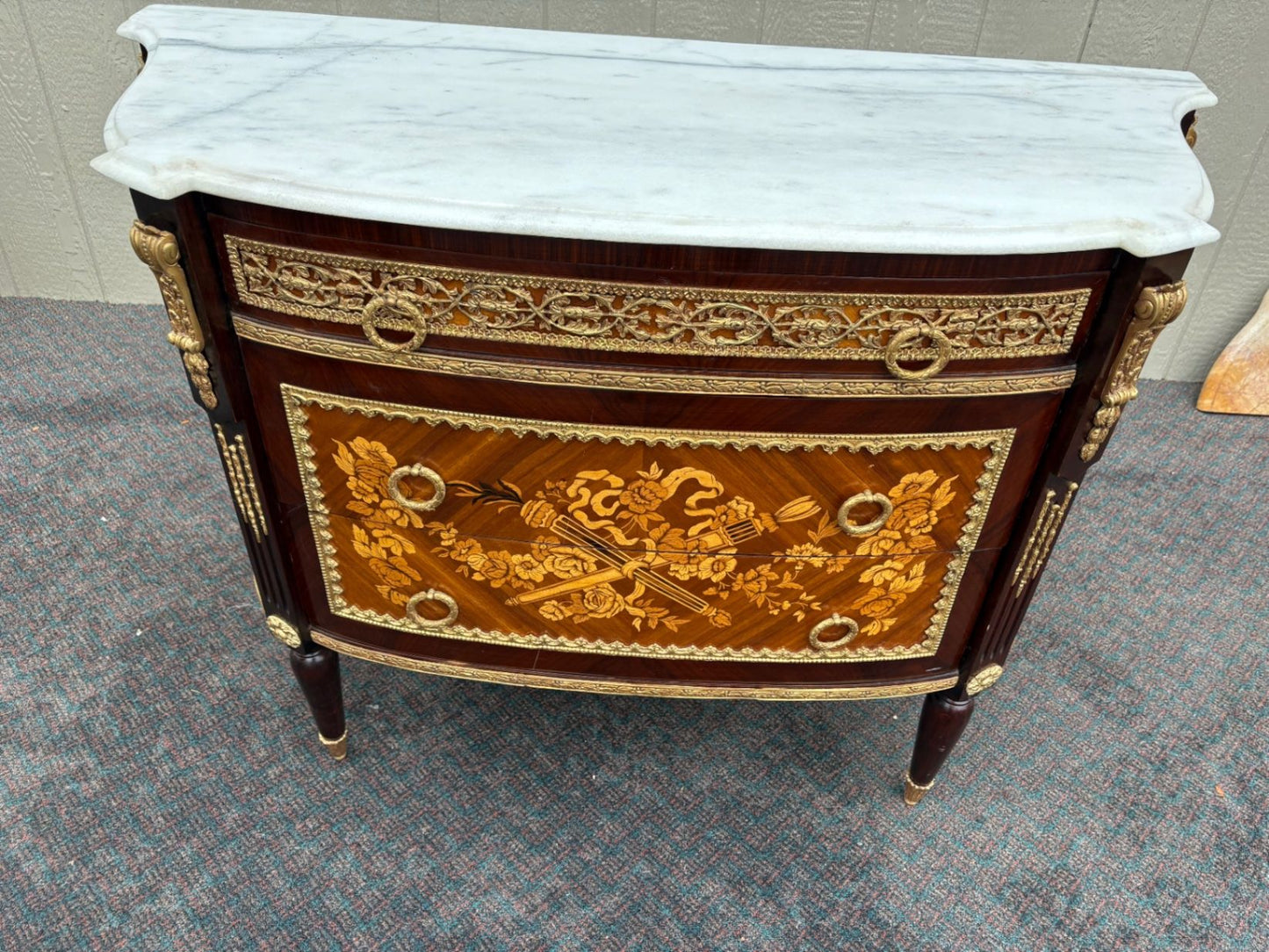 67335 Louis XV Style Marble Top Chest with Intricate Inlay and Gilt Detailing