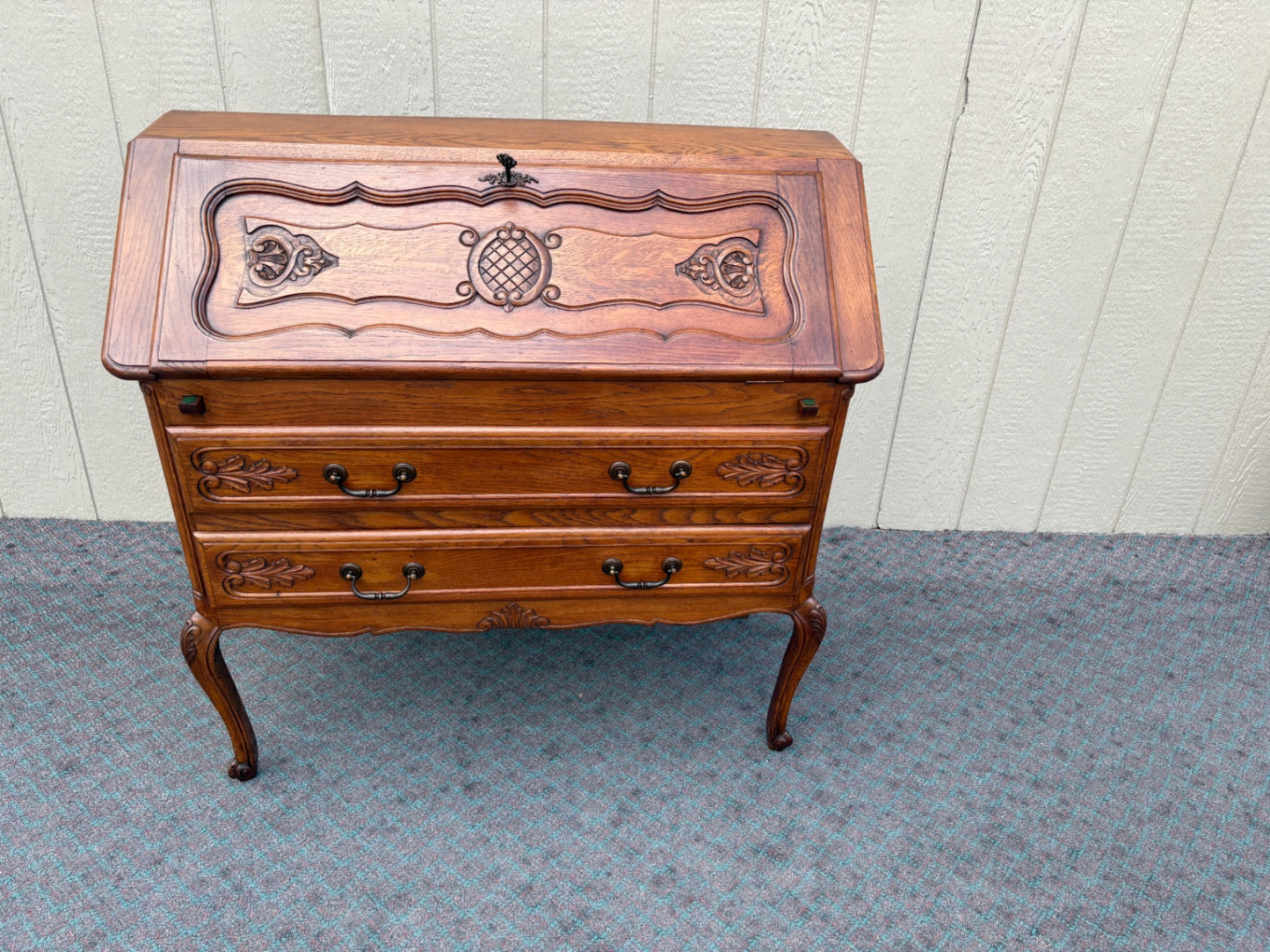 68097 Vintage French Provincial Oak Slant Front Desk with Carved Details