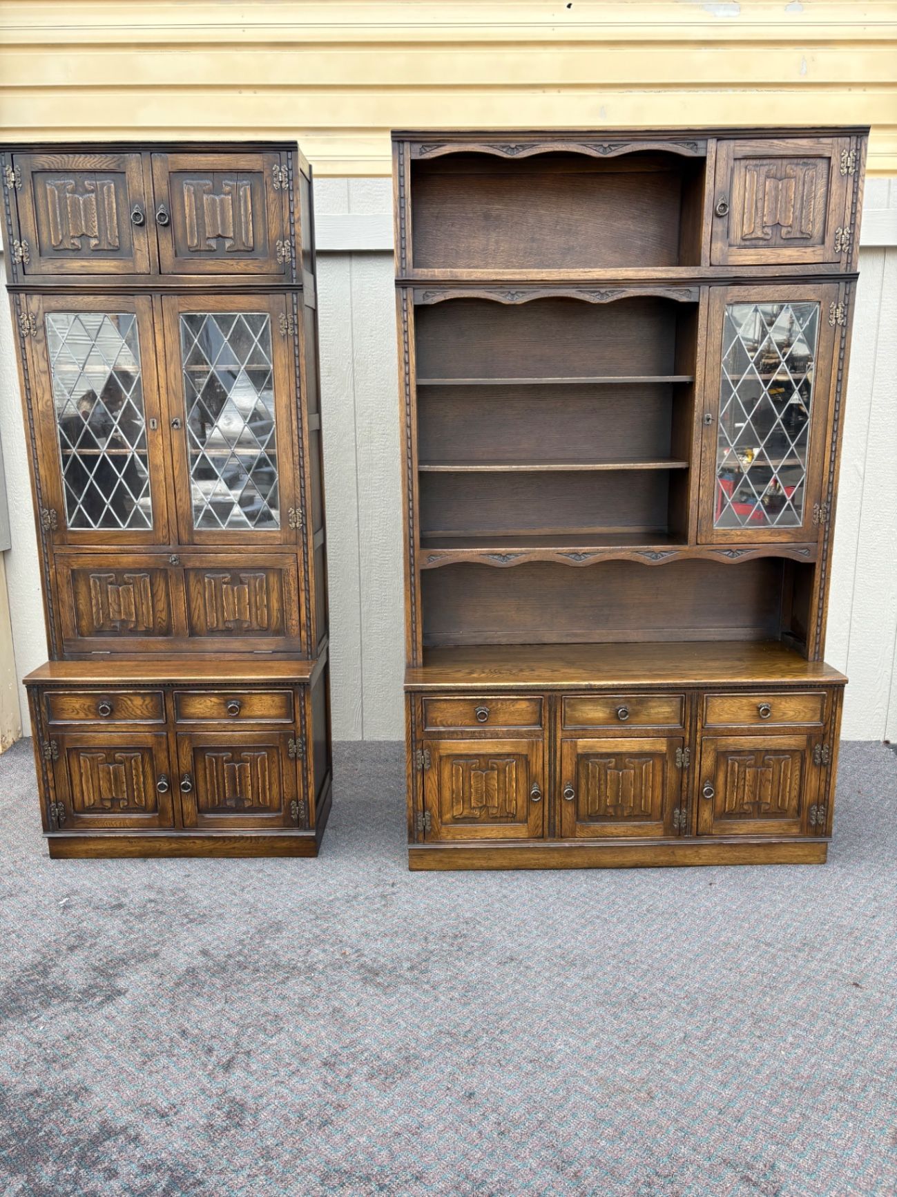 67410  Mid-Century Oak Cabinet with Desk and Leaded Glass Doors