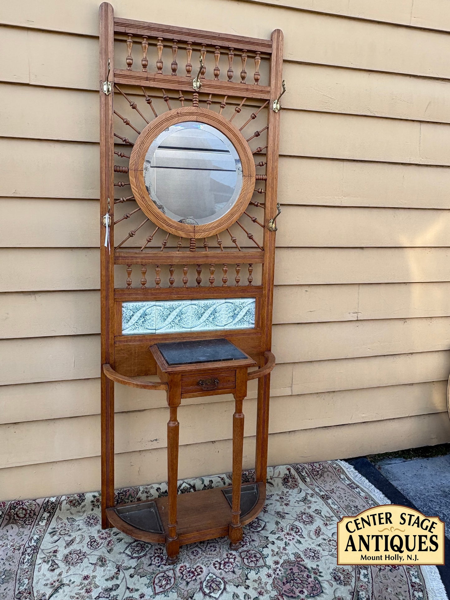 67781 Victorian Oak Hall Tree with Mirror and Marble Top Stand